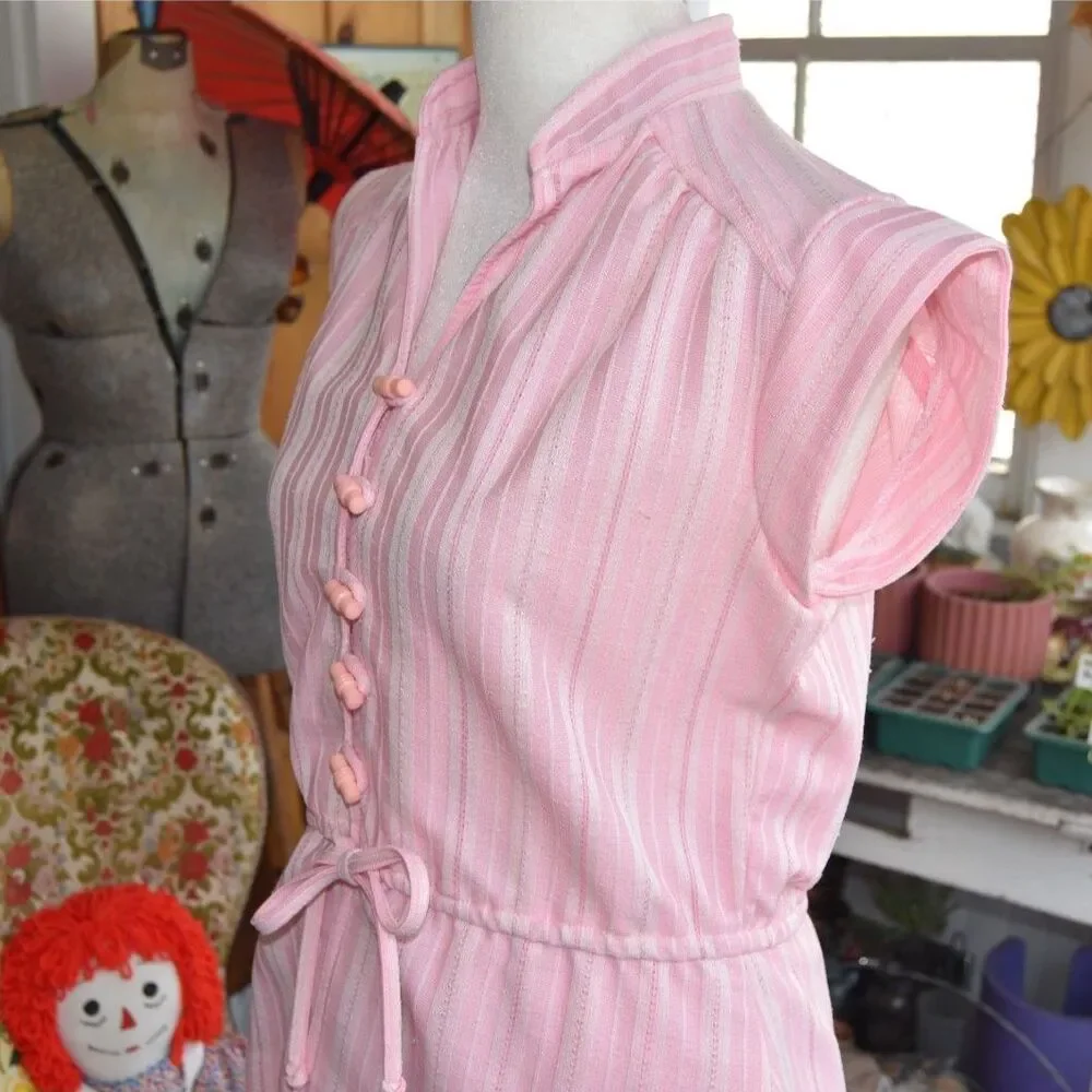 Vintage 60s Pink Stripe 2pc Skirt Set Cotton Summer Drawstring Medium